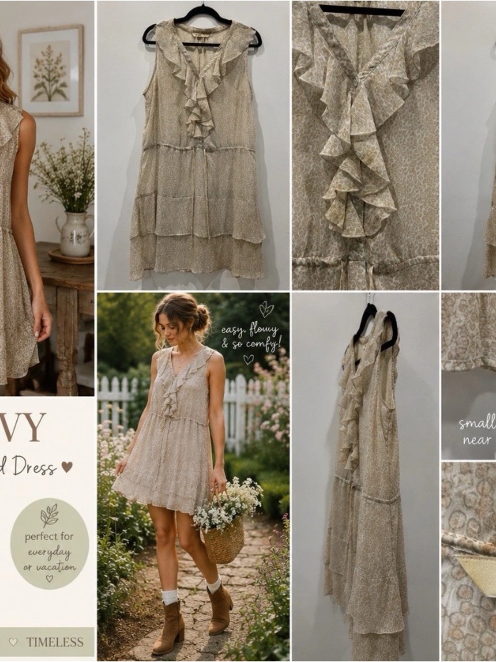 Old Navy Dress Large Beige Floral Ruffle Tiered Sheer Boho Cottagecore Prairie